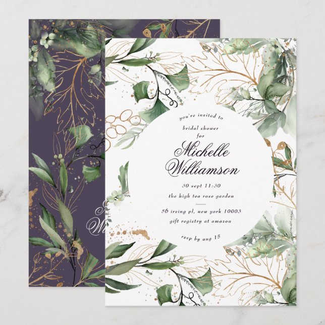 Invitation Eucalyptus Golden Boho Fête des mariées Pampas mod (Devant / Derrière)
