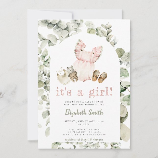 Invitation Eucalyptus Green Boho C'est un Baby shower féminin (Devant)