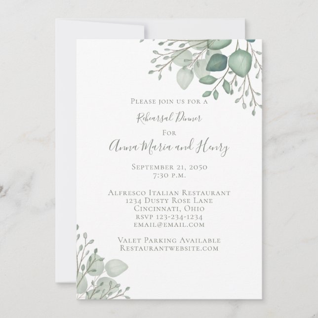 Invitation Eucalyptus Green Dîner De Répétition Élégant (Devant)
