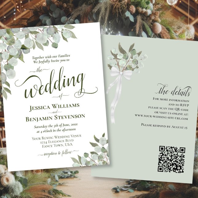 Invitation Eucalyptus & Green Elegant QR Code Mariage (Front/Back)