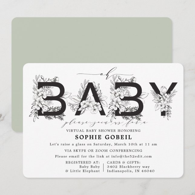 Invitation Eucalyptus Green Floral Baby shower VIRTUTAL (Devant / Derrière)