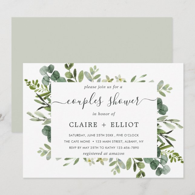 Invitation Eucalyptus Green Foliage Couples Douche (Devant / Derrière)