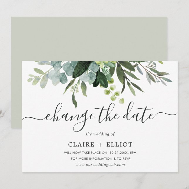 Invitation Eucalyptus Green Foliage Modifier la date Mariage (Devant / Derrière)