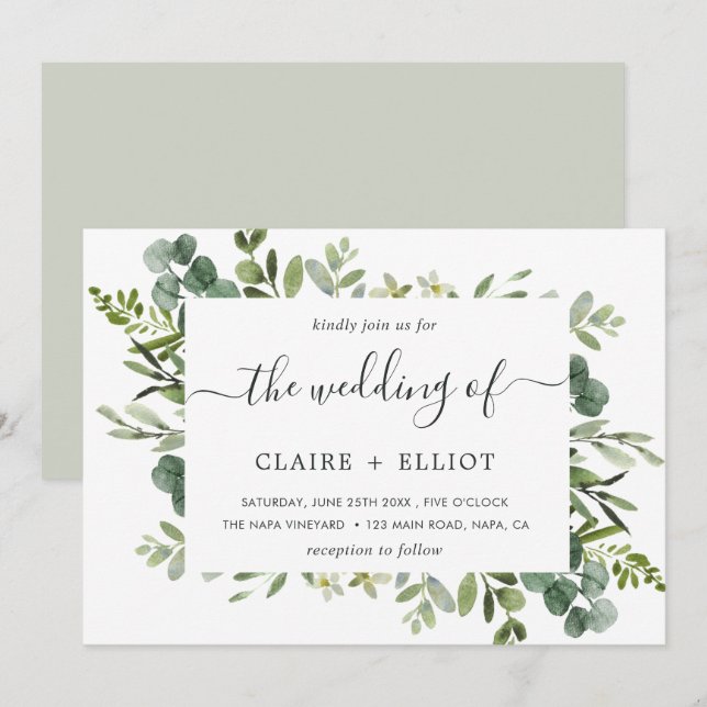 Invitation Eucalyptus Green Foliage Rectangle Mariage cadre (Devant / Derrière)