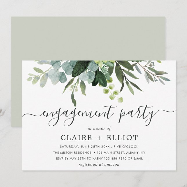Invitation Eucalyptus Green Foliing Party (Devant / Derrière)
