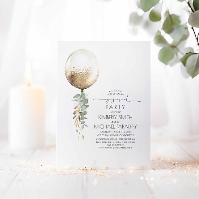 Invitation Eucalyptus Green Gold Balloon Party (Gold Balloon and Greenery Engagement Party Invitations)