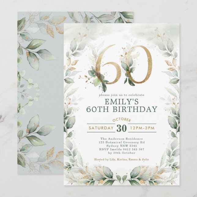 Invitation Eucalyptus Green Gold Garden 60e anniversaire (Devant / Derrière)