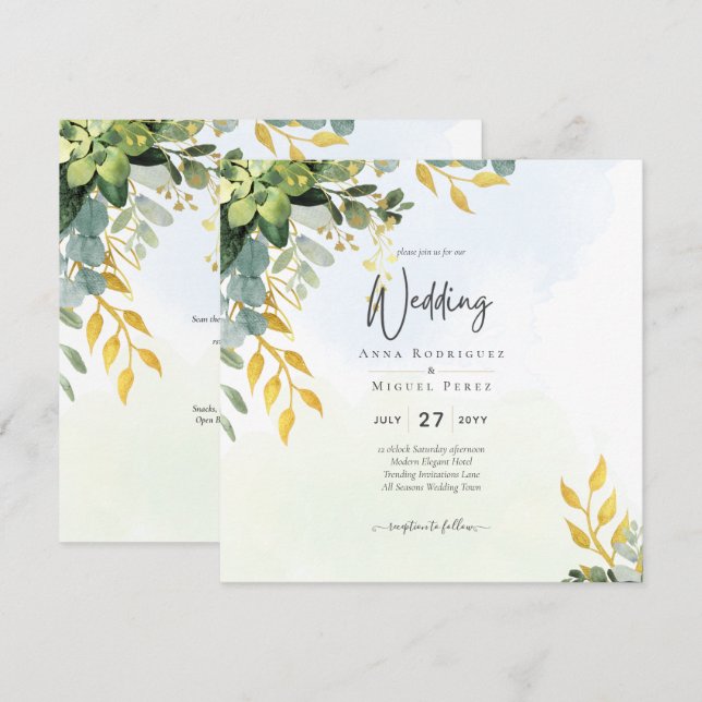Invitation Eucalyptus Green Gold Wedding Inviter la verdure (Devant / Derrière)