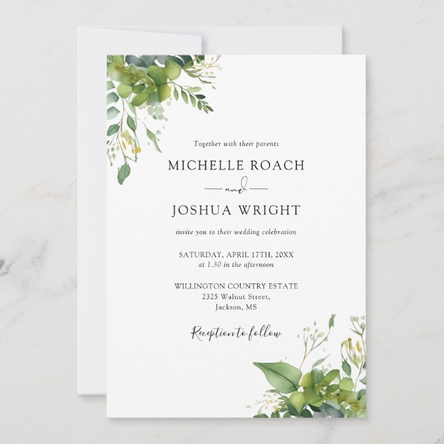 Invitation Eucalyptus Green Moderne QR Code Mariage (Devant)