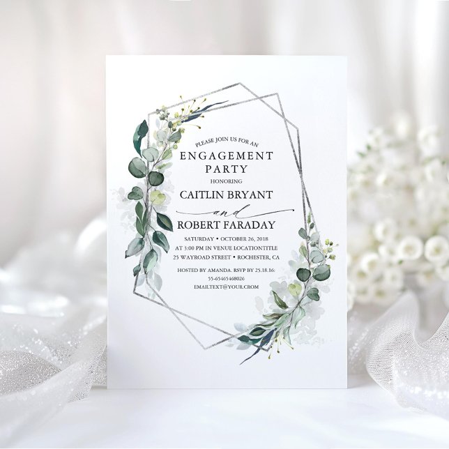 Invitation Eucalyptus Green Party d'engagement géométrique (Silver Greenery Engagement Party Invitations)