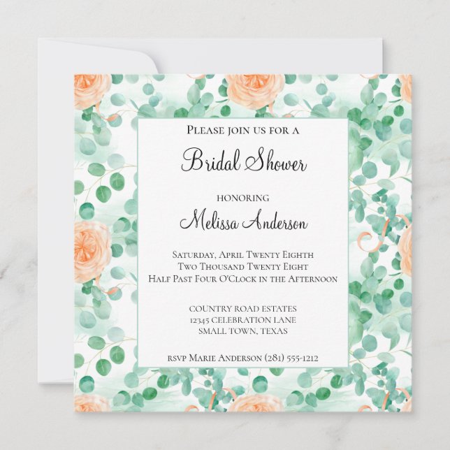 Invitation Eucalyptus Green Peach Bridal Douche (Devant)