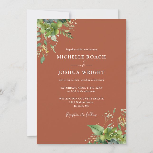 Invitation Eucalyptus Green Terracotta Monogram Mariage (Devant)