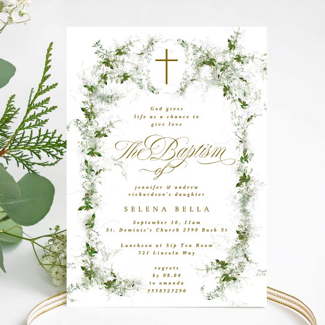 Invitation Eucalyptus Green White Frame Cross Baptême (Créateur téléchargé)