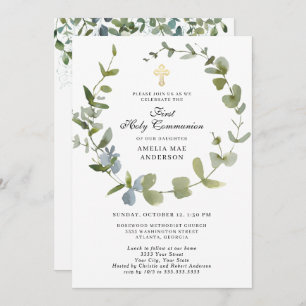 Invitation Eucalyptus Green Wreath Cross Holy Communion