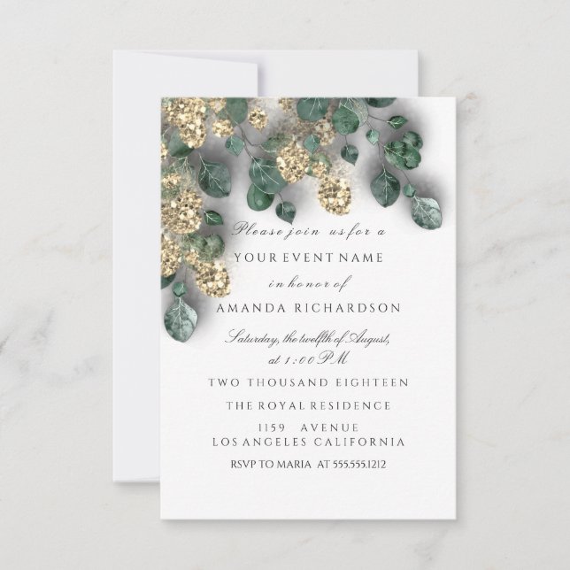 Invitation Eucalyptus Greenery Pailleté Or Feuilles Blanches (Devant)