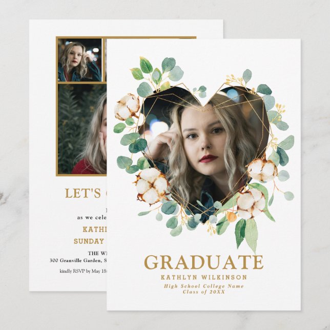 Invitation Eucalyptus Heart Wreath Gold Géométrique Grad Phot (Devant / Derrière)