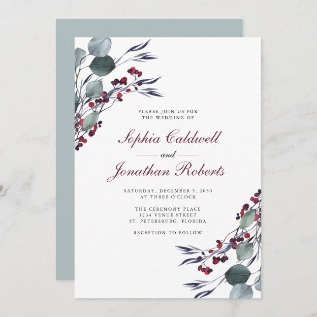 Invitation Eucalyptus Holly Berries Code QR Mariage RSVP (Devant / Derrière)