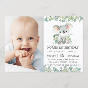 Invitation Eucalyptus Koala, vert rustique Photo d'anniversai