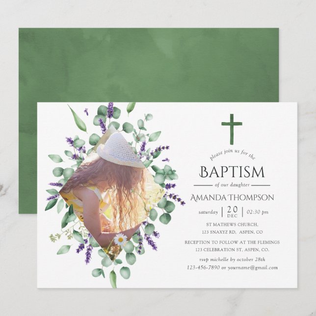 Invitation Eucalyptus Lavender Baptême ou Christening (Devant / Derrière)