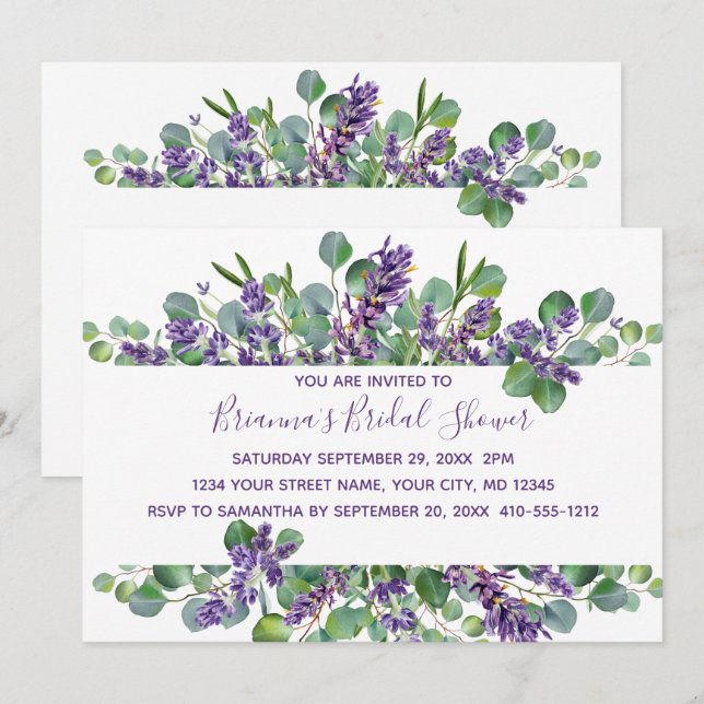 Invitation Eucalyptus Lavender Fête des mariées verte (Devant / Derrière)