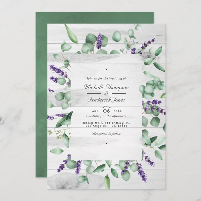 Invitation Eucalyptus Lavender Green Code QR RSVP Mariage (Devant / Derrière)