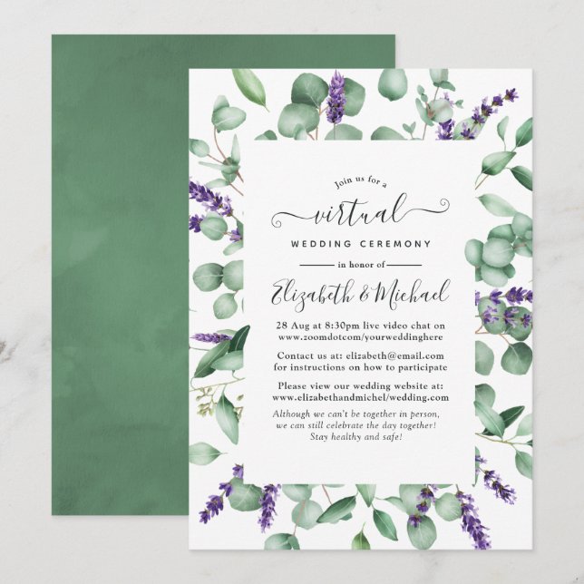 Invitation Eucalyptus Lavender Greenery Mariage virtuel (Devant / Derrière)