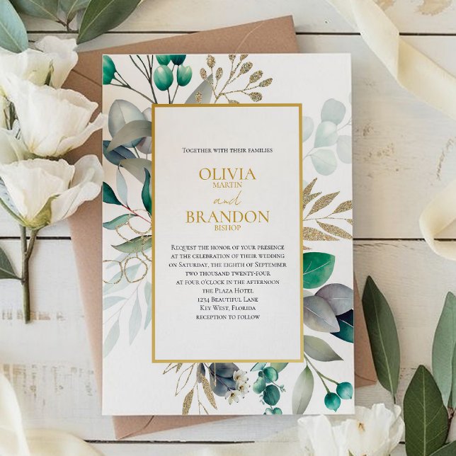 Invitation Eucalyptus Leaves & Gold Frame Watercolor Wedding (Créateur téléchargé)