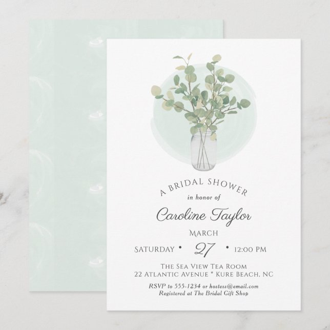 Invitation Eucalyptus Mason Jar Vase Boho Fête des mariées (Devant / Derrière)
