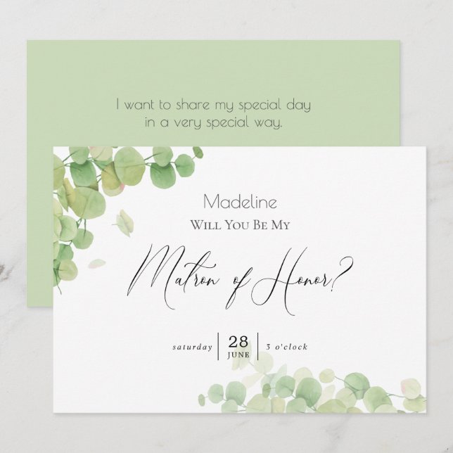 Invitation Eucalyptus Matron d'honneur du printemps moderne (Devant / Derrière)