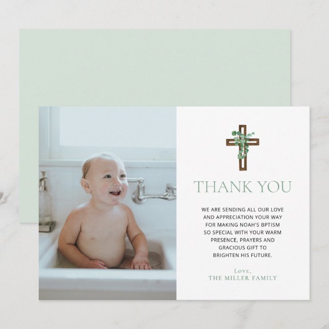 Invitation Eucalyptus Modern Baptism Photo Thank You Cards (Devant / Derrière)