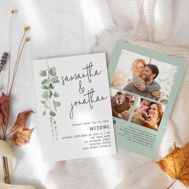 Invitation Eucalyptus moderne 3 Photos Code QR Mariage (front and back view)