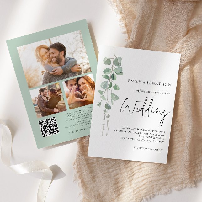 Invitation Eucalyptus moderne 3 Photos QR Code Script Mariage (Créateur téléchargé)