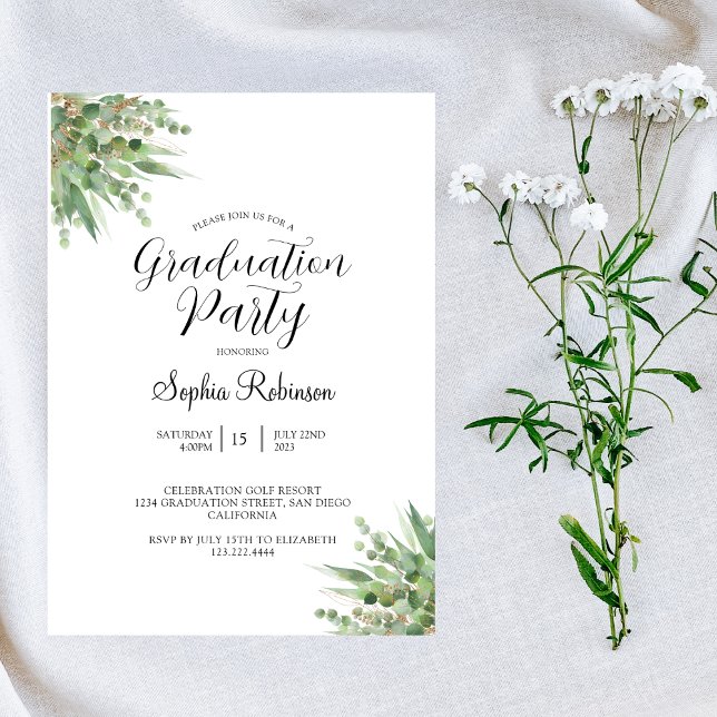 Invitation Eucalyptus Moderne Calligraphie Parti de Graduatio (Créateur téléchargé)