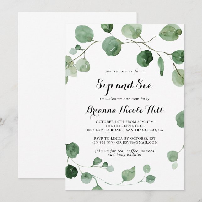 Invitation Eucalyptus Moderne Calligraphie Siroter et voir (Devant / Derrière)