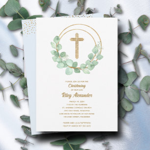 Invitation Eucalyptus moderne Christening garçon