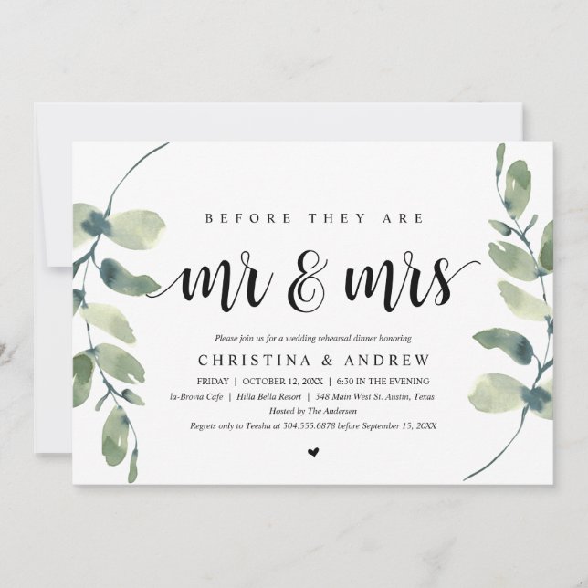 Invitation Eucalyptus Moderne, Dîner de Répétition de Mariage (Devant)