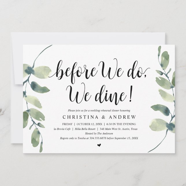Invitation Eucalyptus Moderne, Dîner de Répétition de Mariage (Devant)