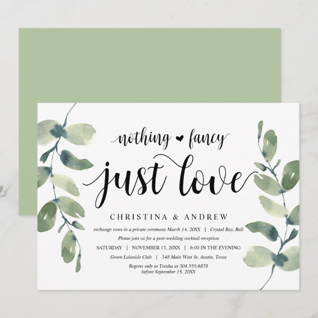 Invitation Eucalyptus moderne, Encre noire, Elopage Mariage (Devant / Derrière)