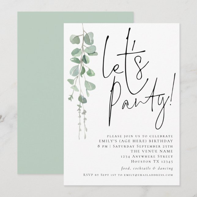 Invitation Eucalyptus Moderne Fête N'Importe Quel Âge Anniver (Devant / Derrière)