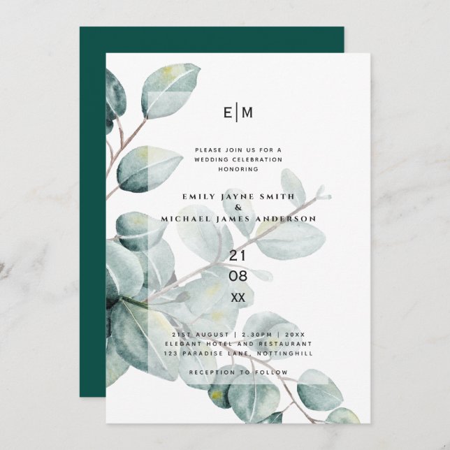 Invitation Eucalyptus moderne Feuille mariage vert invite (Devant / Derrière)