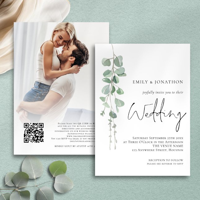 Invitation Eucalyptus moderne Mariage Sage Script (Front and back view)