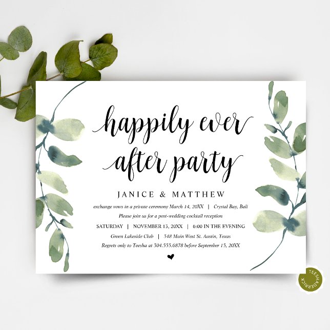 Invitation Eucalyptus Moderne, Noir, Mariage Fuite de Noces (Wedding Elopement Party,  Dinner and Dancing Invitation Card, in Modern Eucalyptus Greenery themed)