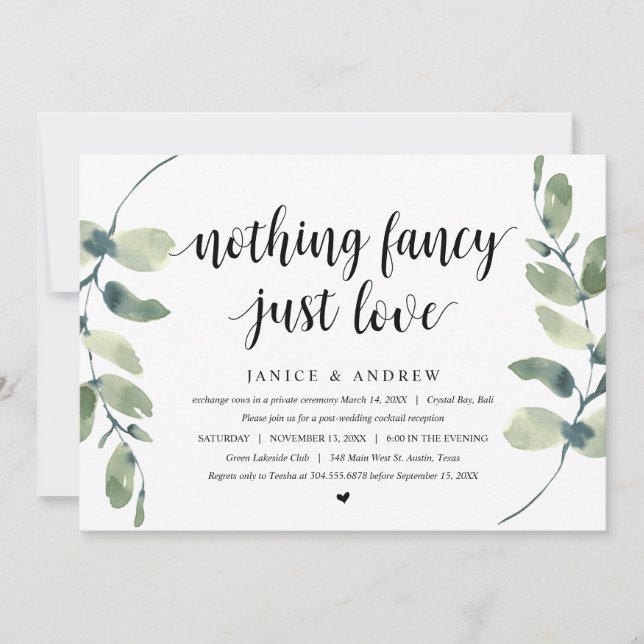 Invitation Eucalyptus Moderne, Noir, Mariage Fuite Party (Devant)