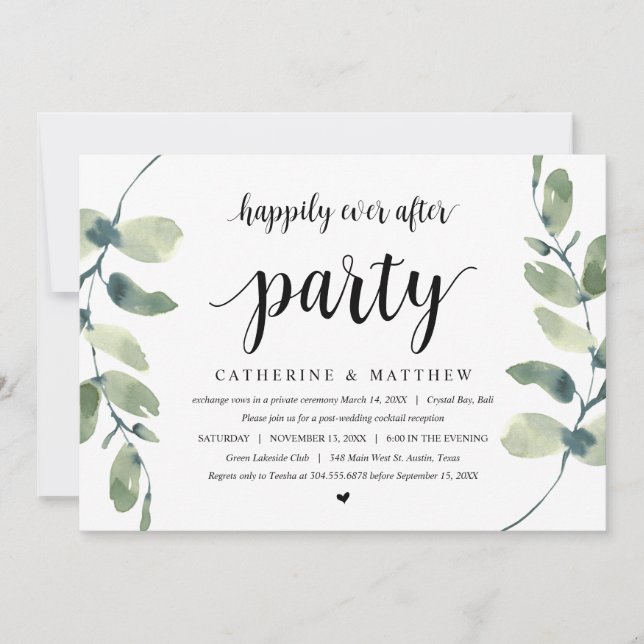 Invitation Eucalyptus Moderne, Noir, Mariage Fuite Party (Devant)