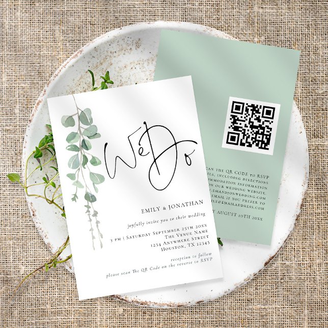 Invitation Eucalyptus moderne Nous faisons QR Code Mariage (Front and back view)