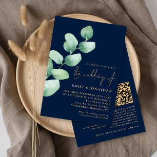 Invitation Eucalyptus Navy Blue Gold QR Code Script Mariage