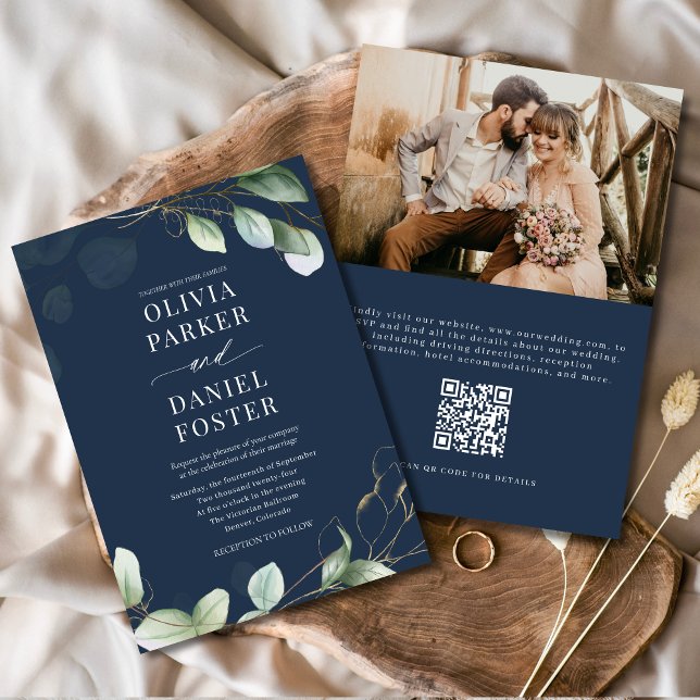 Invitation Eucalyptus Navy Blue QR Code Photo Mariage (Créateur téléchargé)