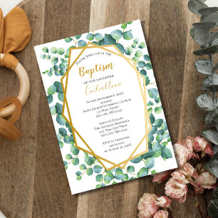 Invitation Eucalyptus Or Floral Vert Doré Baptême Fille Garço