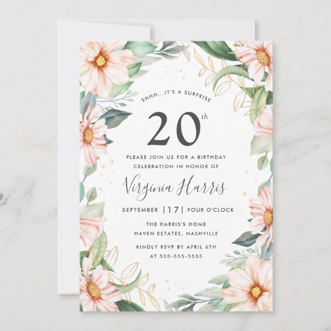 Invitation Eucalyptus Pêcher Floral Vingt-vingtième anniversa (Devant)