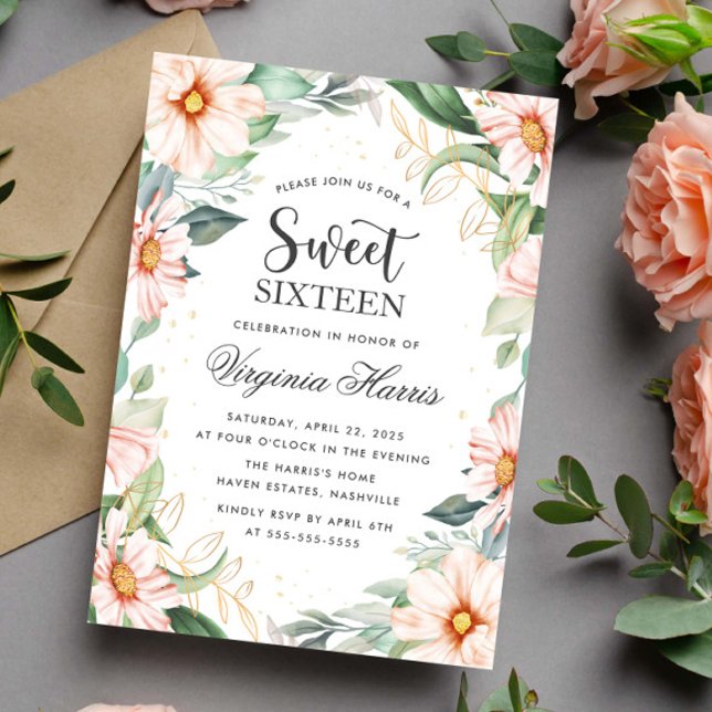 Invitation Eucalyptus Pêcher Sweet sixteen floral 16 Annivers (Créateur téléchargé)